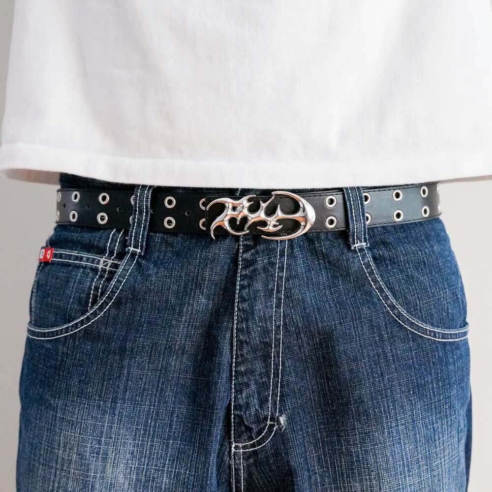 y2k flame buckle black grommet belt — 2000s grunge emo style